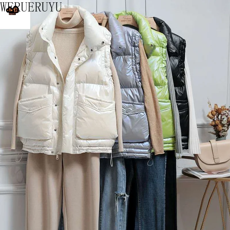 

2021 New Glowing Women Winter Hooded Vest Coat Fashion Glossy Down Cotton Sleeveless Jacket Female Thicken Warm Winter Vest