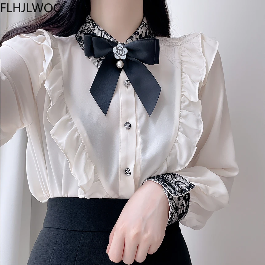 2023 Autumn Spring Women\'s Cute Ribbon Bow Tie Tops Preppy Style Vintage Japan Korea Design Button Elegant Formal Shirts Blouses