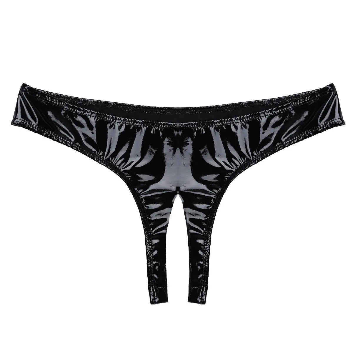 iEFiEL Fashion Black Women Female Lingerie Wet Look Patent Leather Open Crotch High Cut Mini Briefs Underwear Culbwear Briefs