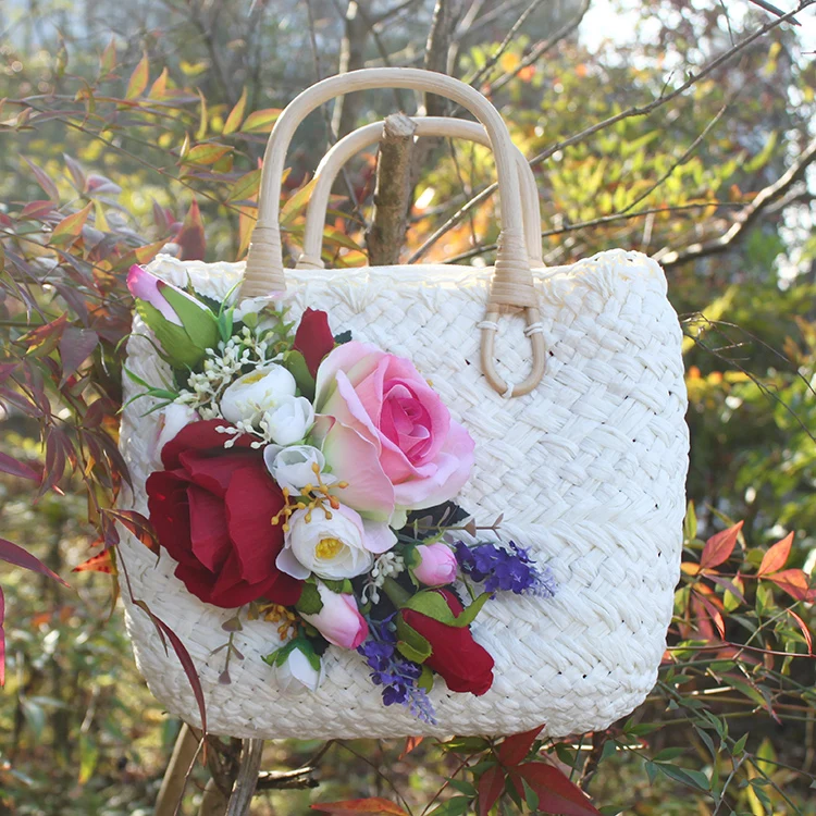 Women Summer Beach Rattan Handbag Colorful Artificial Flower Weave Straw Tote Handbag and Hat Suit Bohemia Style Holiday Casual