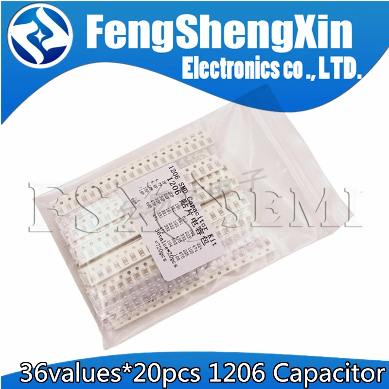 36values X20pcs=720pcs 1pF~10uF 1206 SMD Capacitor assorted kit Capacitors 1PF  4.7PF  6.8PF 470NF 1UF  2.2UFF