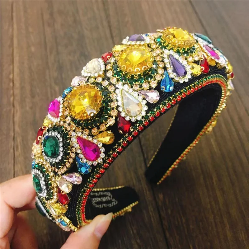 2021 New Baroque Sparkly Padded Rhinestones Headbands Dot Full Crystal Hairbands Wide Headwear Hair Accessories Women Gift