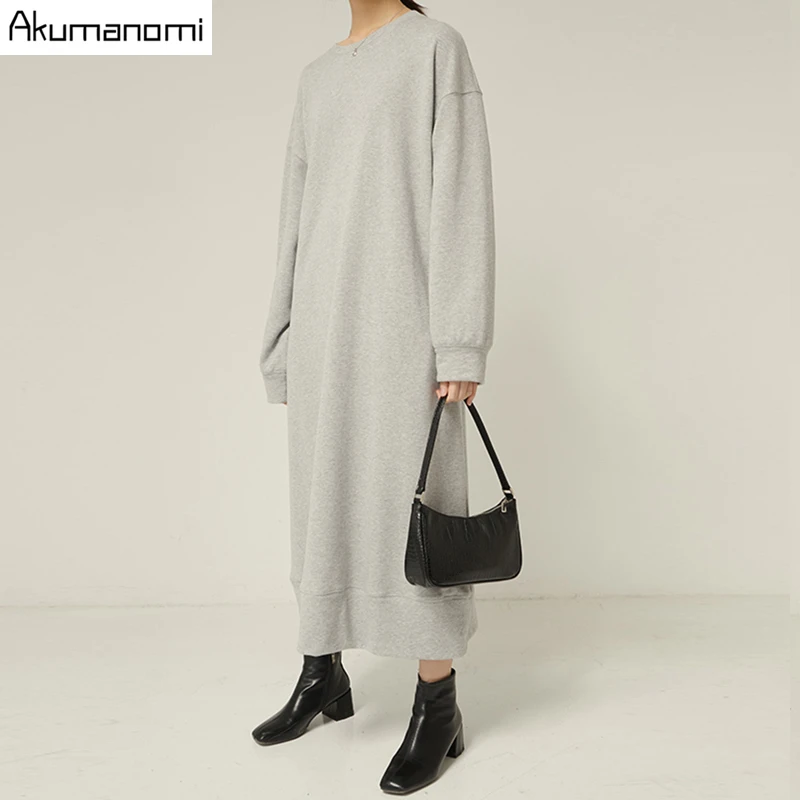 autumn spring plus size maxi dresses for women 2020 xxxl 4xl 5xl 6xl 7xl gray o neck long sleeve Casual fall dress with pockets