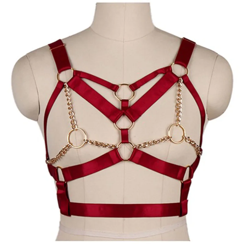 Wine Red Harness Bra Top Punk Gothic Chain Gold Sexy Lingerie Belts Strappy Chest Cage Women Body Bondage Plus Size Hollow Out