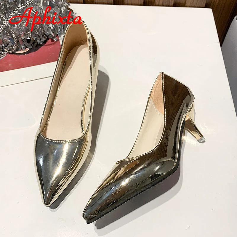 Aphixta 5.5cm Heels Women Pumps Shoes Fashion Pointed Toe Bling Gold Leather Sexy Party Official Shoes Woman Big Size 49 50