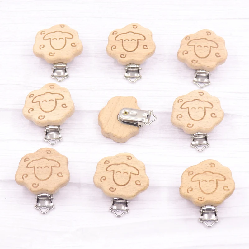 10pcs New style sheep Wooden Beech Pacifier Clips Baby Infants Soother Teether Clasp Holder DIY Dummy Nipple Chain Accessories