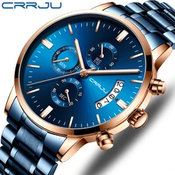 CRRJU- Reloj de acero inoxidable para hombre, reloj de pulsera masculino, marca top de lujo, resistente al agua, de cuarzo