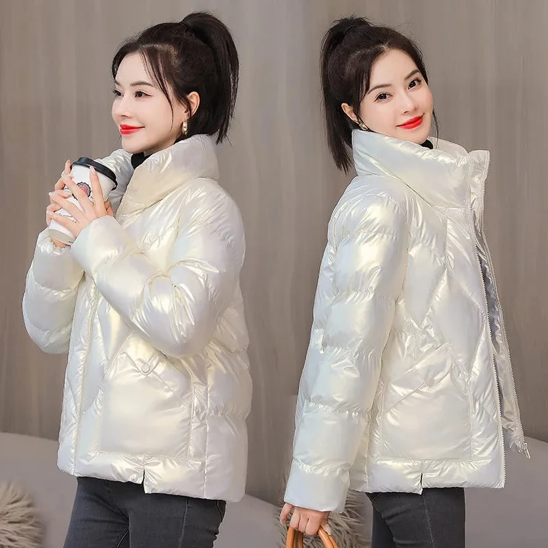 

Glossy Stand Collar Down Cotton Jacket Winter Warm Thicken Parkas Korean Fashion Casual Female Short Zipper Simple Wadded Coat