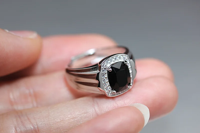 

925 sterling silver black agate personality men's ring, zircon micro inlaid black agate inlaid silver ring