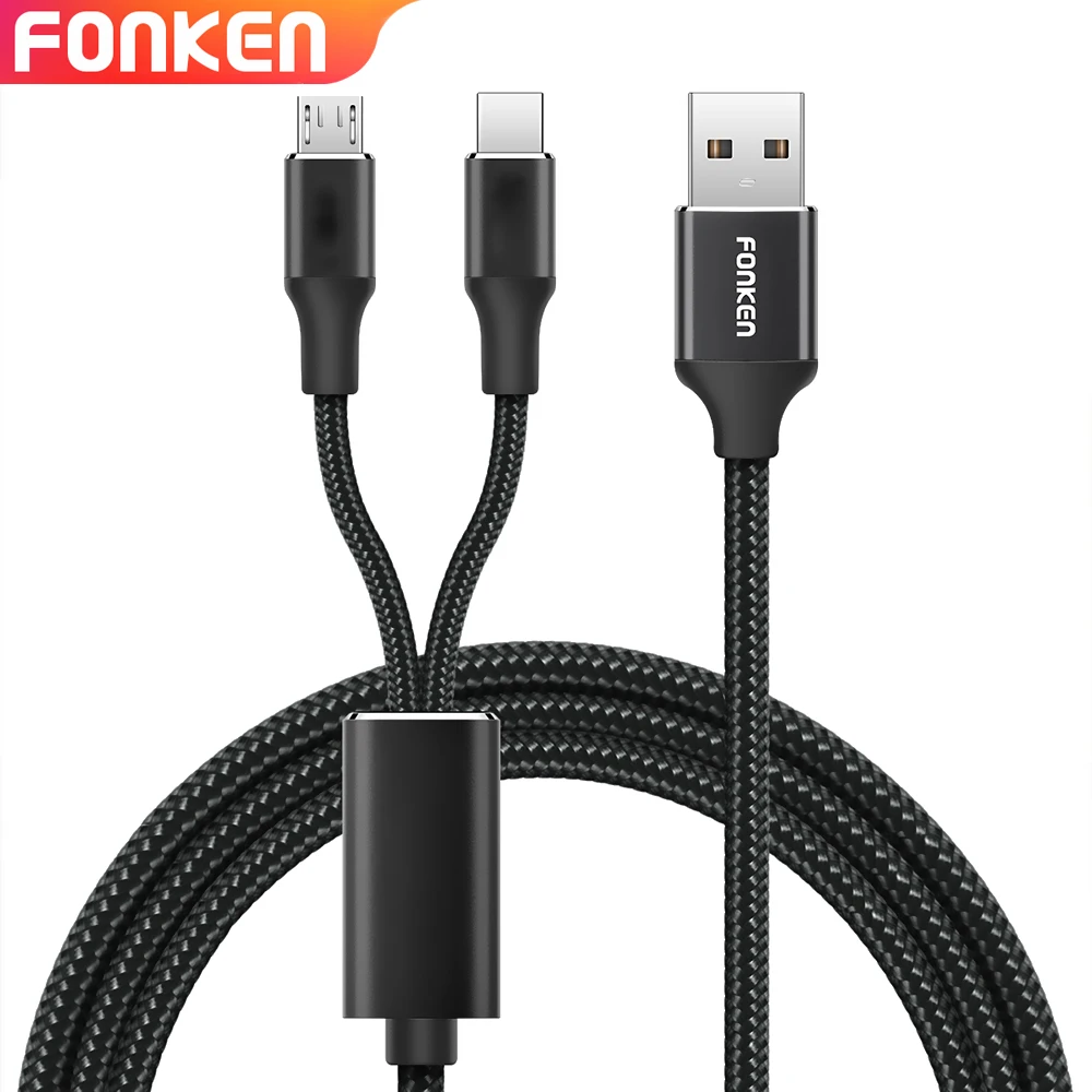 FONKEN 2 In 1 USB Cable Micro USB Type C Cable Charging For Phone 1.2m Android Mobile Quick Charger Cord Fast Charge Type-C Wire