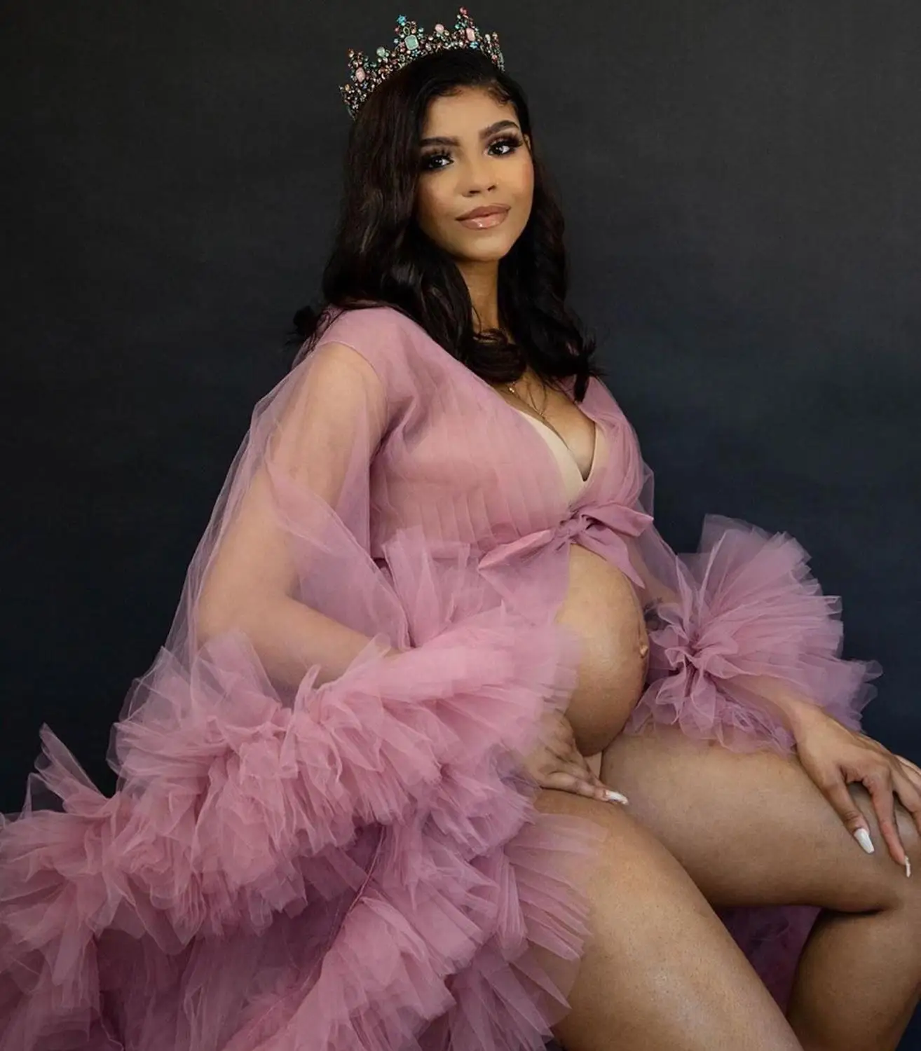 Túnicas de maternidad de tul transparente para mujer, vestidos de talla grande, Rosa, con mangas largas, para sesión de fotos