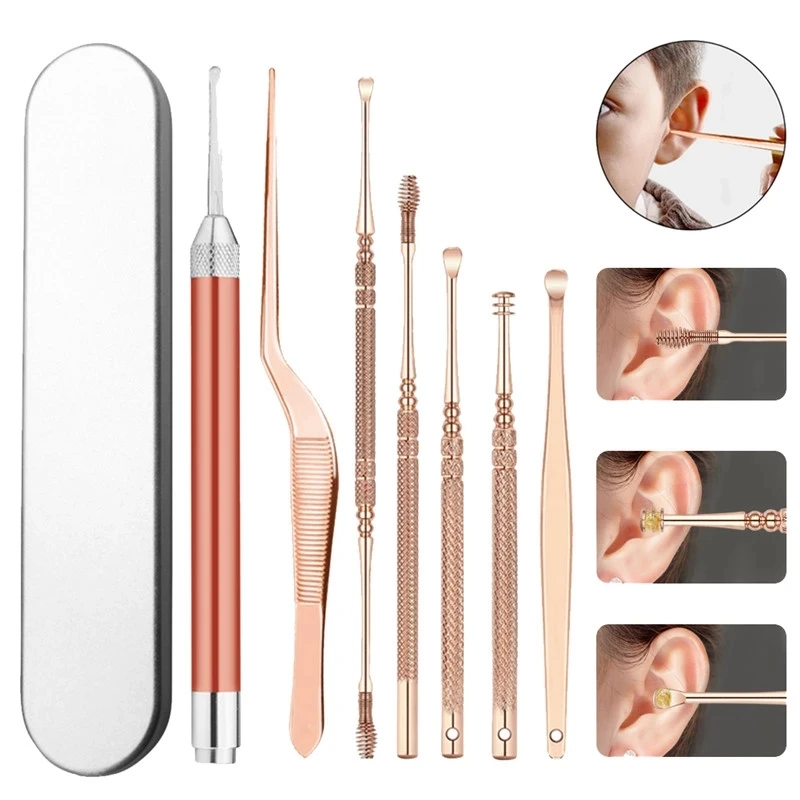 8PCS Set Ear Wax LED Light Pickers Earpick Remover Curette Earwax Cleaner Spoon Ear Care Booger Cleaning Tweezers Forceps Tool