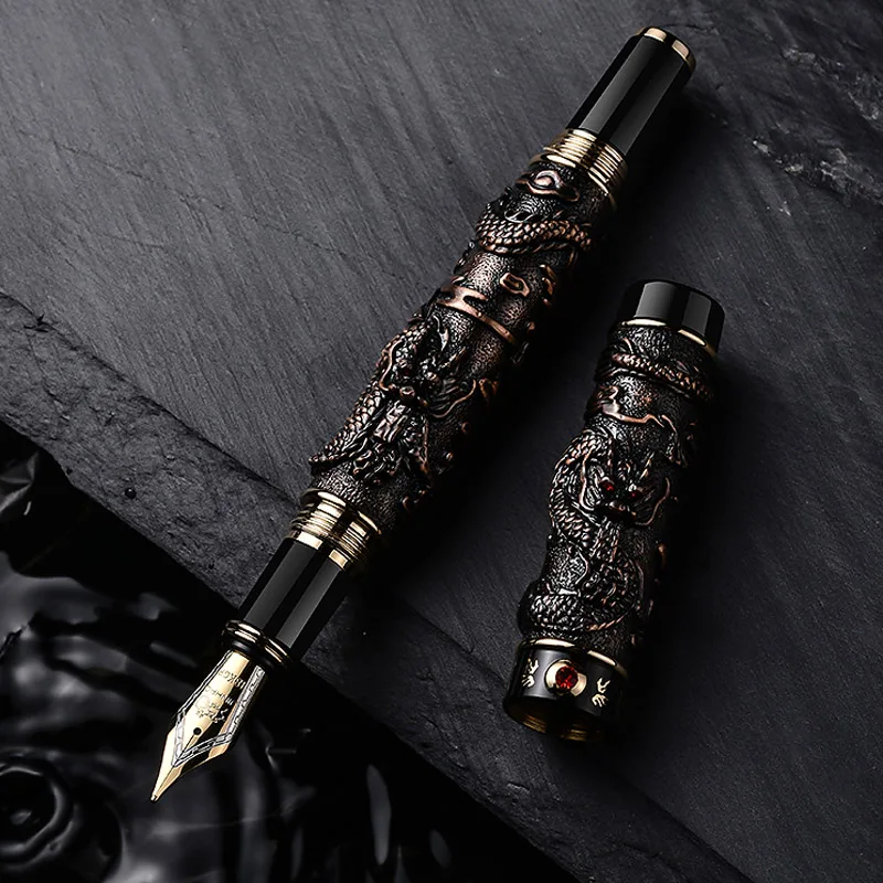 luxury quality brand JinHao Dragon Relief Fountain Pen carve silver Spin Gun gray auspicious elegante signature golden ink pens