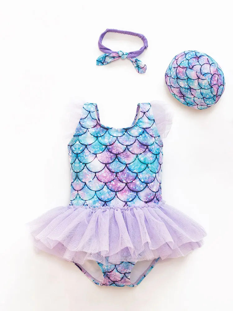 New Girl Baby Mermaid Swimsuit Princess Fashion Cartoon Fish Scale Print Ballet Dance One Piece Kids Sequin Tulle Swimsuits