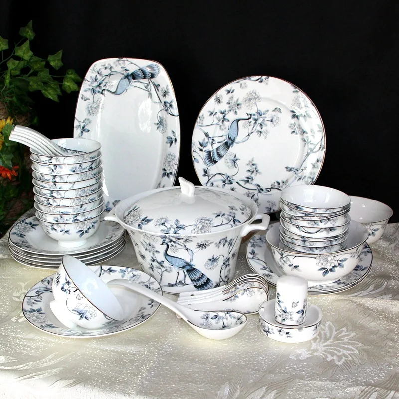 

Wedding blue and white porcelain bowls antique tableware set gifts household bowls and plates Jingdezhen bone china tableware