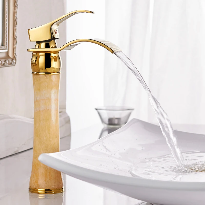 Luxury Brass Deck Mount Bathroom Golden Marble Faucets Mixers Gold Waterfall Washbasin Cold Hot Water Tap M1037