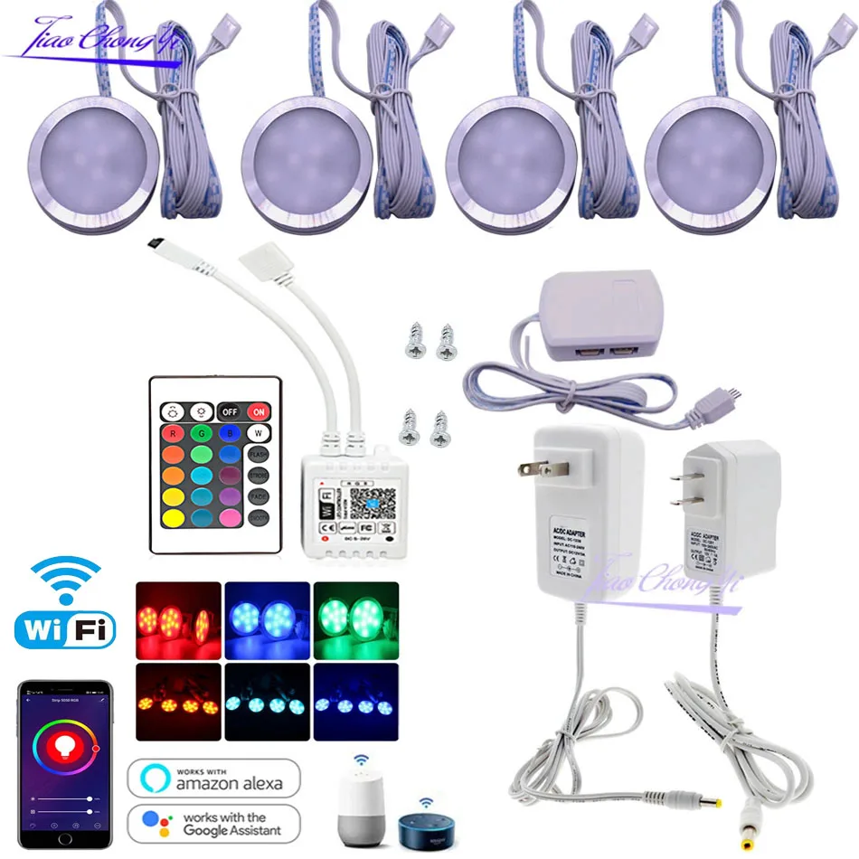 

4/6/8 PCS RGB LED Under Cabinet Light Puck Light Kit Smart WiFi 24Key IR App Remote controller Dimmable DC12V