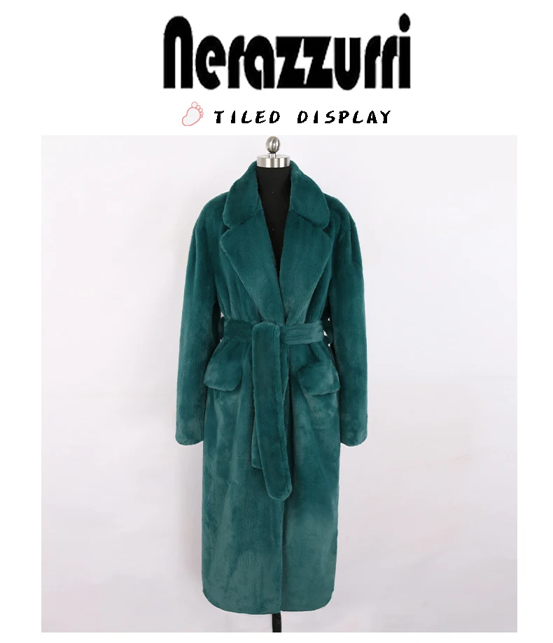 Nerazzurri Winter Long Green Warm Soft Loose Fluffy Faux Fur Coat Women Belt Lapel Elegant Luxury Designer Korean Fashion 2021