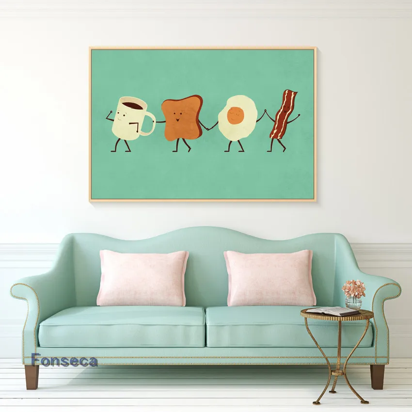 Cute Cartoon Style Breakfast Canvas Painting Cup Toast Slices Fried Egg Bacon Posters And Prints Wall Pictures Home Decoration