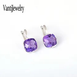 Elegant Natural Amethyst Earrings Sterling 925 Silver Crystal for Woman Lady Party Birthday Jewelry Gift Box Free Shipping