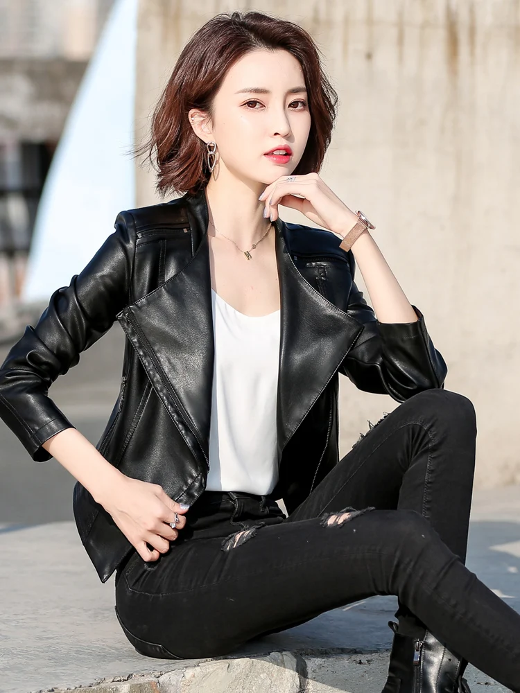 Spring Faux Leather Jackets Women Bike Moto Coat New Autumn Turn-down Collar Zipper Ladies Fashion Streetwear Style Outerwear