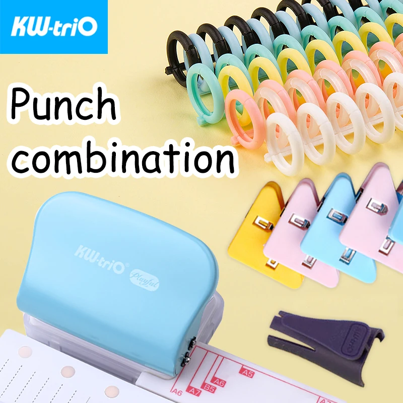 KW-triO DIY Round Hole Punch Set 3-hole/6-hole Punch Colorful Triangular Book Clips 30 Rings Binder and Opener School Supplies