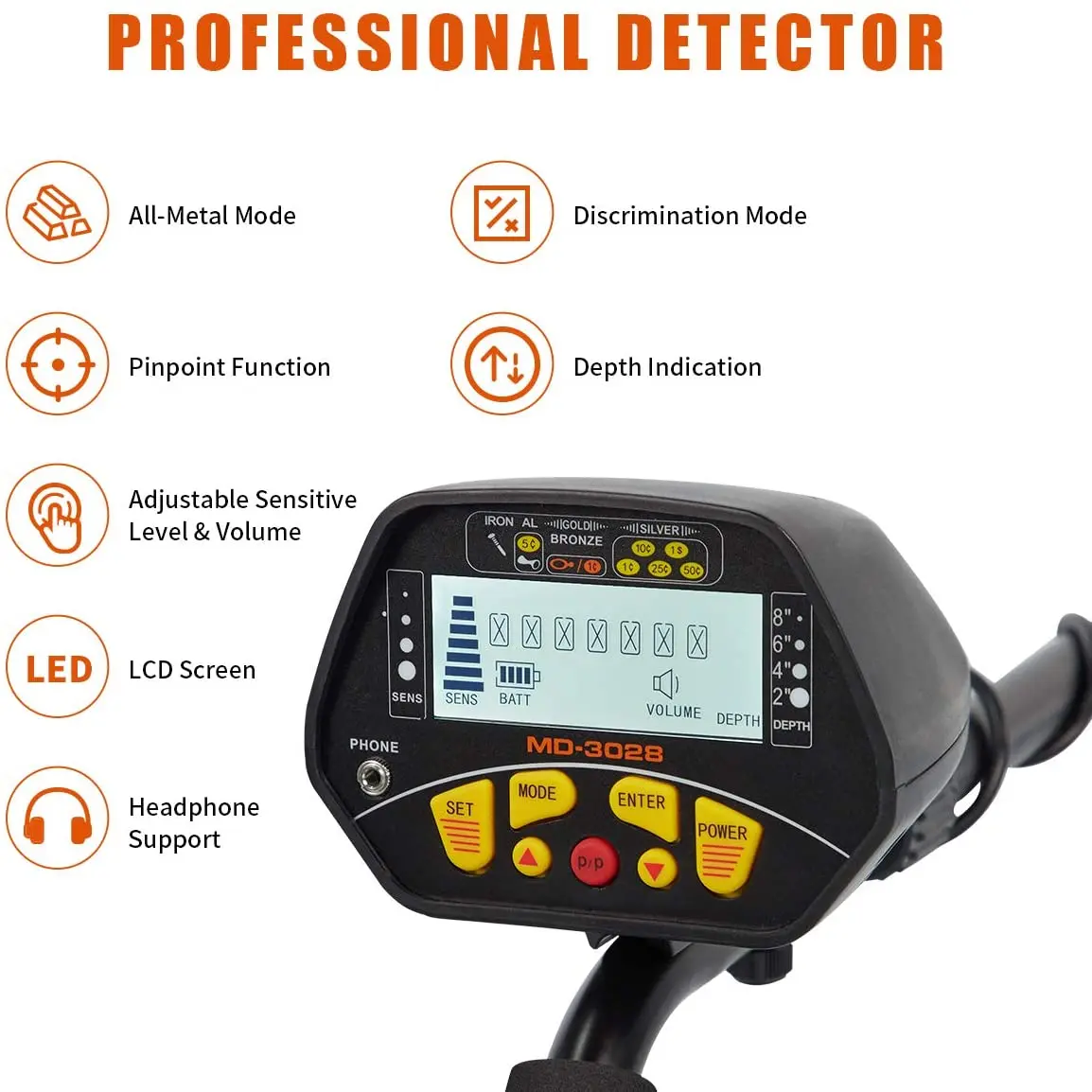 High Accuracy Metal Detector for Adults and Kids, LCD Display, Waterproof Search Coil, Pinpoint Function, DISC Mode, MD-3028