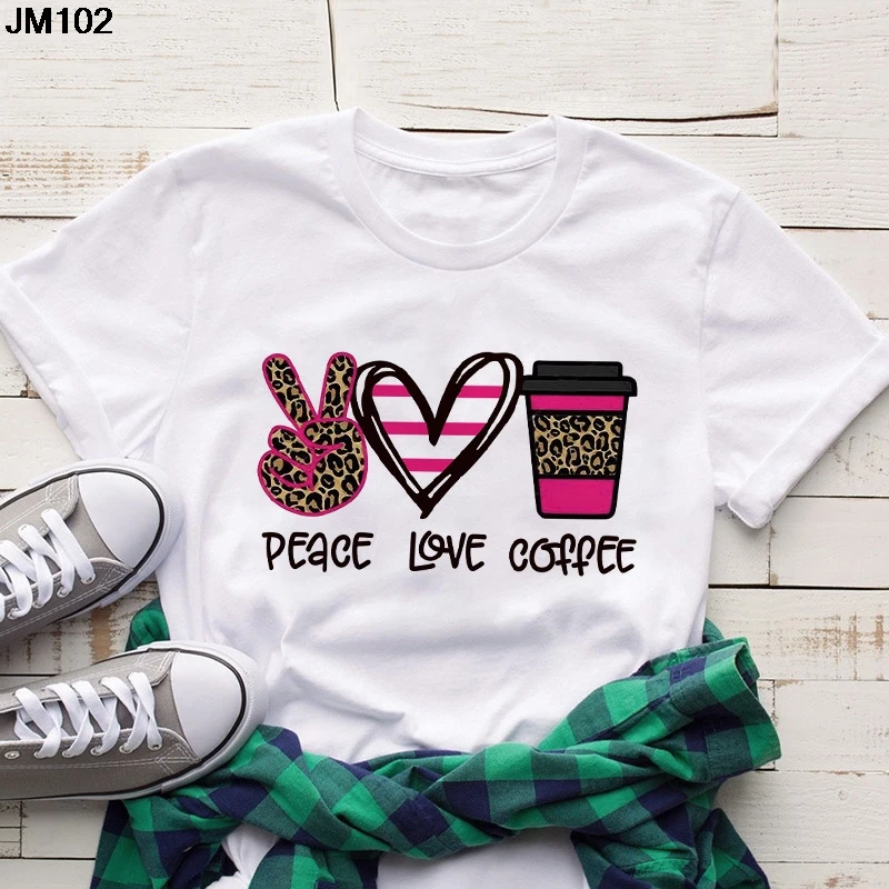 Peace Love Coffee Print Tshirt Summer Women's Harajuku Fashion Ulzzang Tops Tee Cartoon Cute T Shirt Female Short Sleeve T-shirt