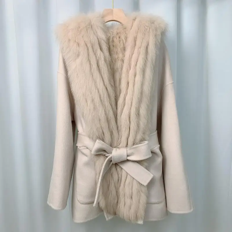 Woman Real woolen coats With High-Grade real fox fur lIned  warm Warm Reversible fur Jacket  D034.