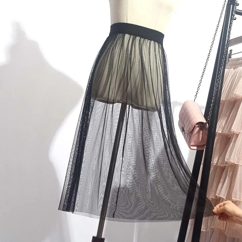 2019 Nieuwe Single-Layer See-Through Mesh Rok Transparante Gaas Casual Elegante Knielange Zwart Wit Hoge taille Elastische Rok