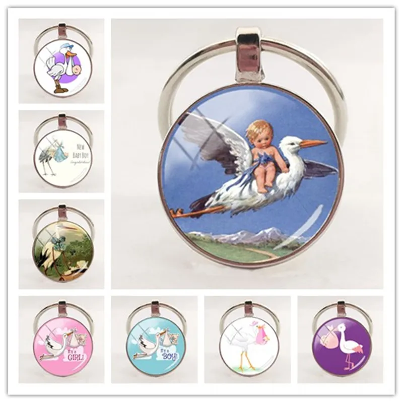 2020 new fashion handmade keychain stork and baby pendant keychain glass dome keychain women jewelry gift