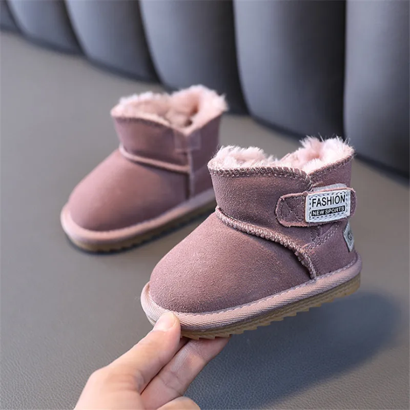 2024 New Winter Baby Boots Genuine Leather Warm Plush Cotton Little Kids Shoes Non-slip Fashion Toddler Boys Girls Snow Boots