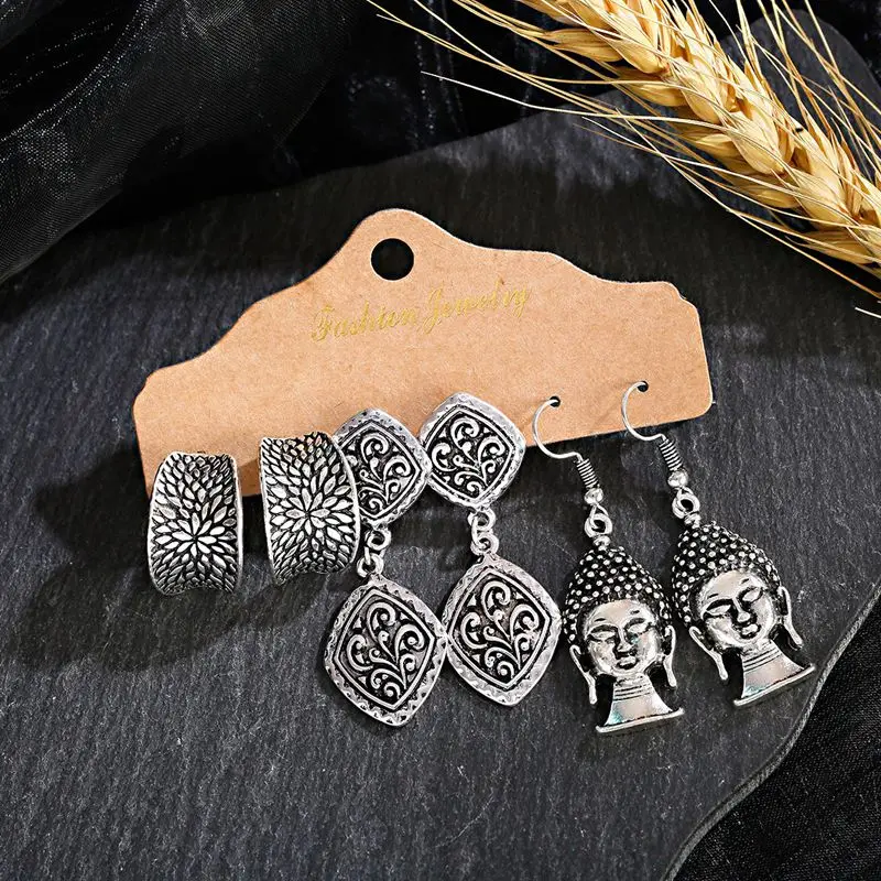 Women's Silver Color Carved Buddha Shape Earrings Set Ethnic Religion Alloy Drop Earrings Turkey Jewelry