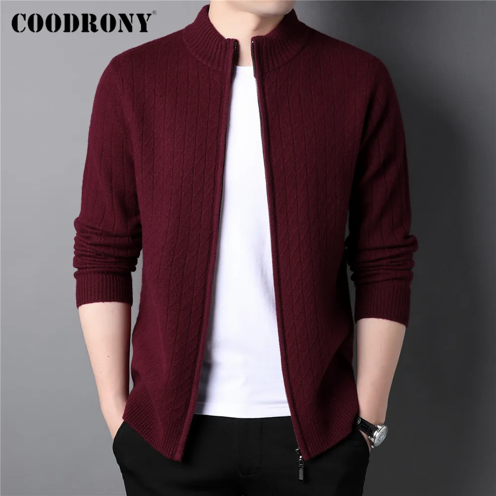 COODRONY Brand Thick Warm Winter Zipper Turtleneck Cardigan Men Clothing Fashion Casual Cashmere Merino Wool Sweater Coat C3148