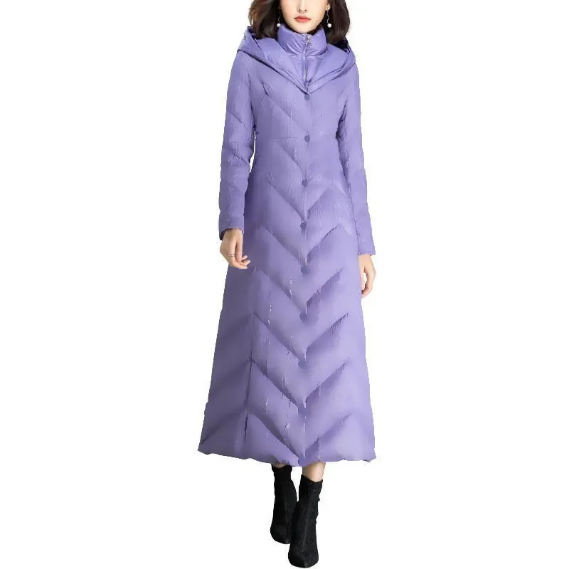 2021 Autumn Winter New Women Purple Long Padded Jacket Female Slim Slimming Temperament Fake Two-piece Hooded Padded Jacket A429