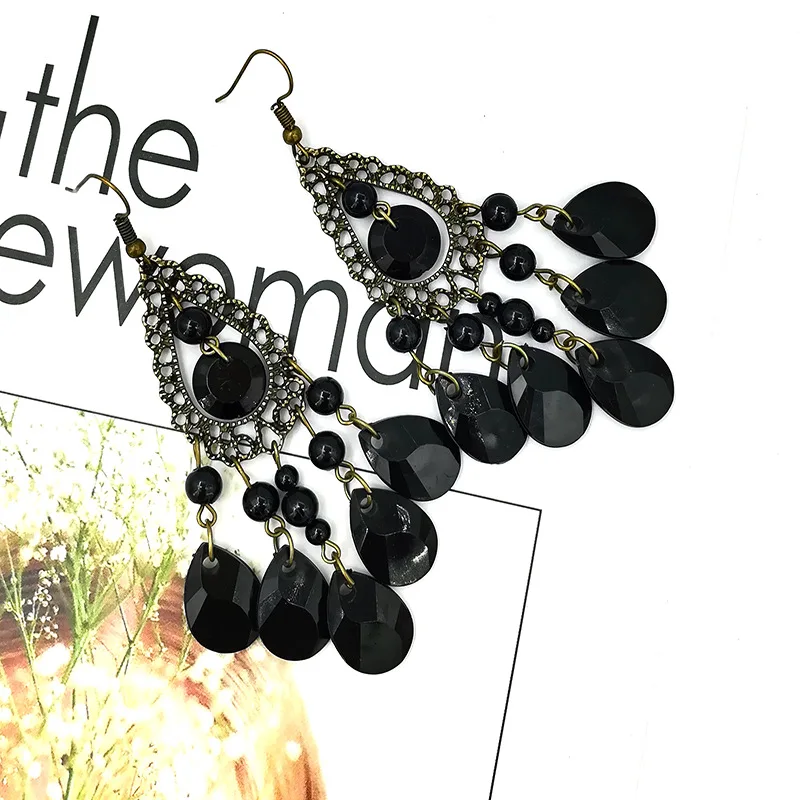 European and American Bohemian Black Retro Ethnic Style Carved Beads Hollow Long Fringe Drop Earrings for Women Wedding Jewelry