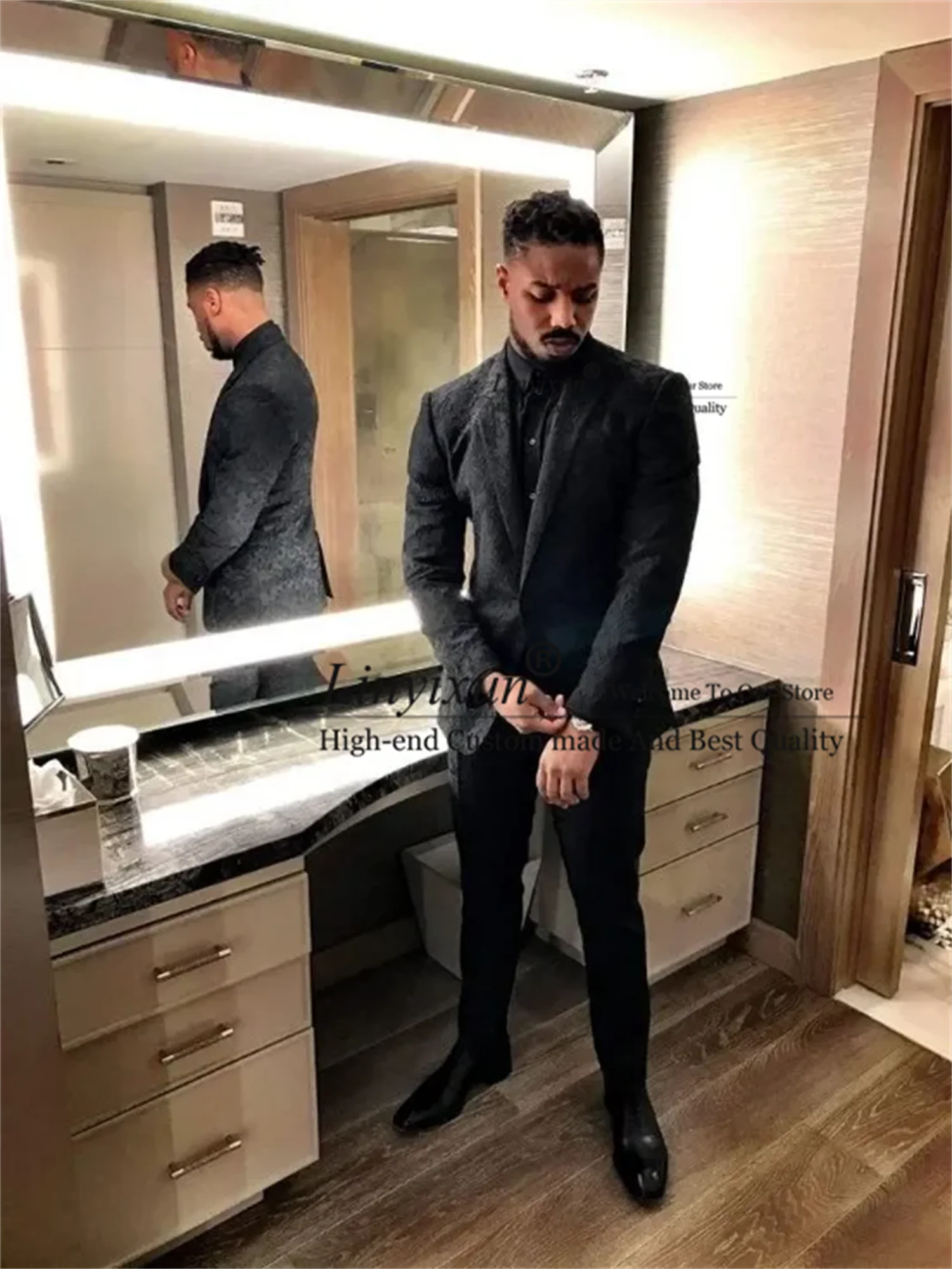 

Fashion Black Floral Pattern Mes Wedding Suits Slim Fit Groom Tuxedos 2 Pieces Set Man Prom Party Blazer Masculino Costume Homme