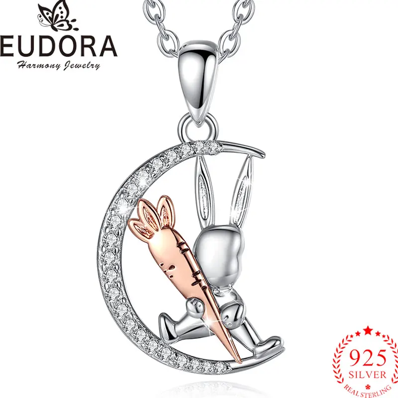 

Eudora New 925 Sterling Silver Cute Bunny Carrot Necklace inlay Zircon Animal Pendant Women Exquisite Jewelry Easter Gift