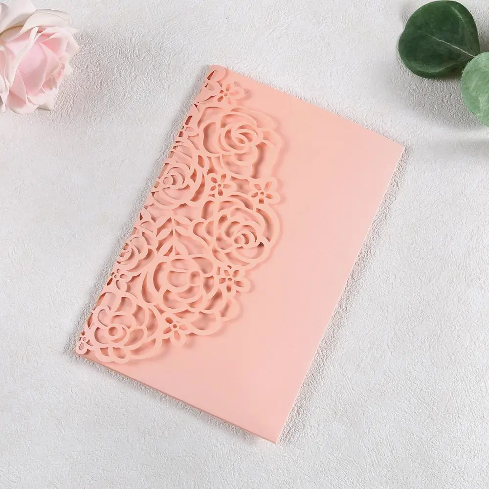 100pcs Pink Laser Cut Hollow Wedding Invitations Cards with Flower Pockets and Envelopes for Wedding/Quinceanera/Birthday