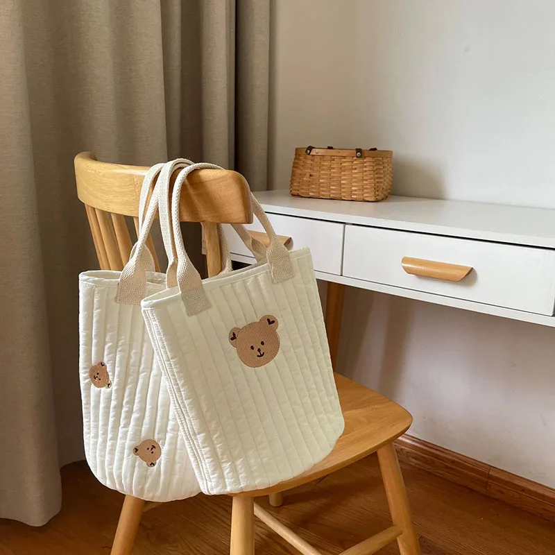 Botique-bolsas de pañales para bebé, bolsos de mamá con bordado de oso, bolso de cubo informal de algodón