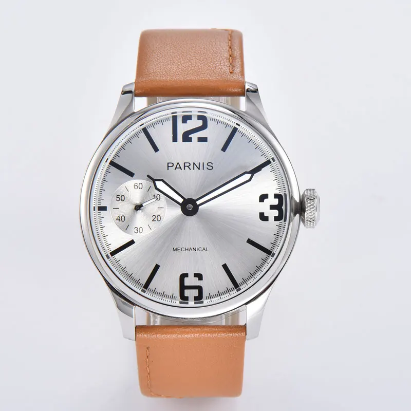 

New PARNIS 44mm Hand-winding Mens Wristwatch silver dial ST3600 movement small second leather strap polished case pin clasp