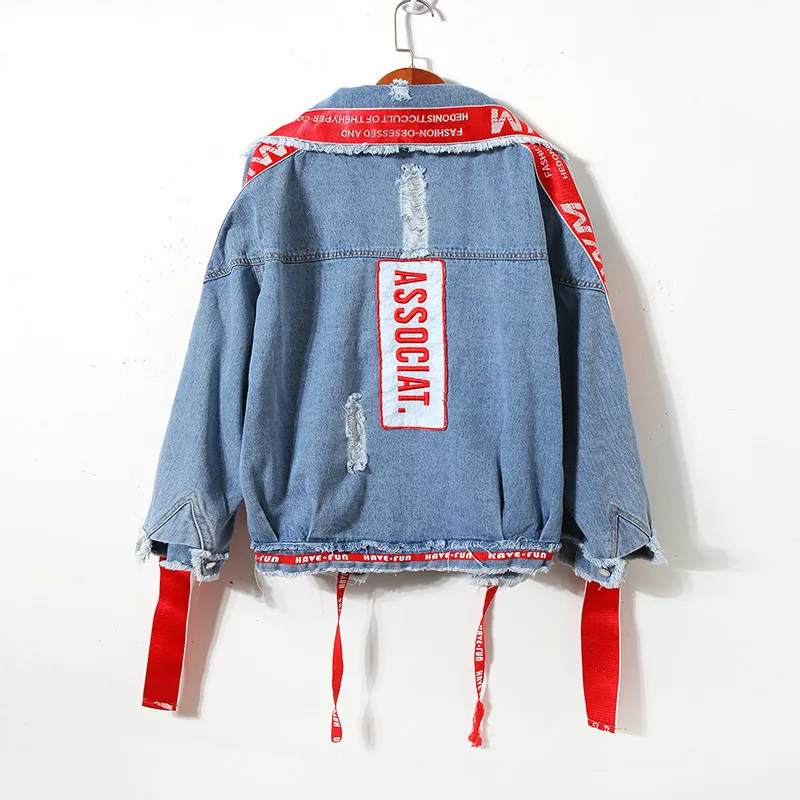 Denim Jacket Women 2023 New Harajuku Streetwear Hip Hop Letter Embroidery Ribbon Female Jeans Coat Size Chaqueta De Mujer