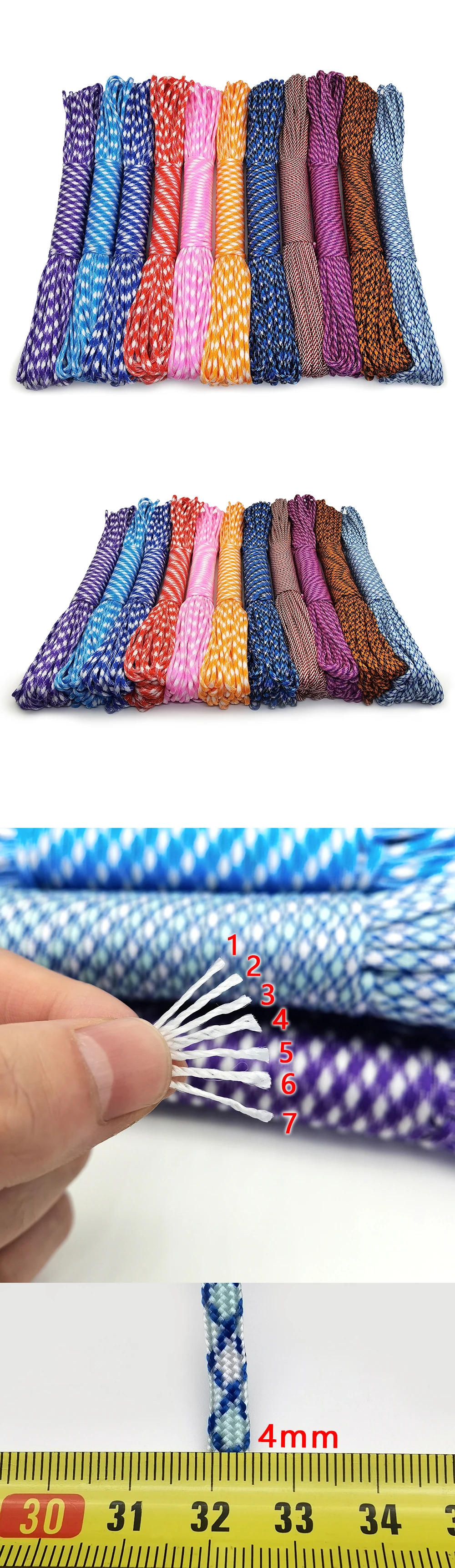 4 Size Dia.4mm 7 Stand Cores Paracord for Survival Parachute Cord Lanyard Camping Climbing Camping Rope Hiking Clothesline