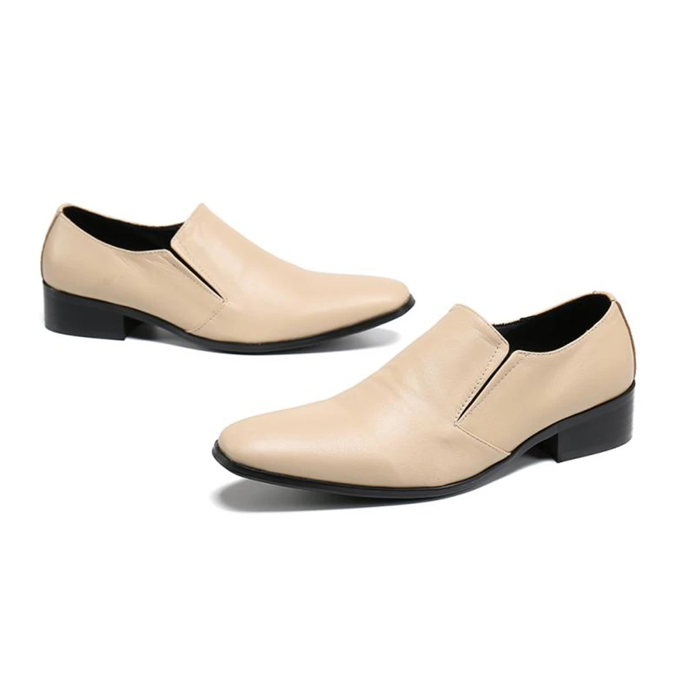 

Italian Fashion Mens Shoes Apricot Genuine Leather Dress Shoes Slip-on Simplicity Wedding Prom Shoes