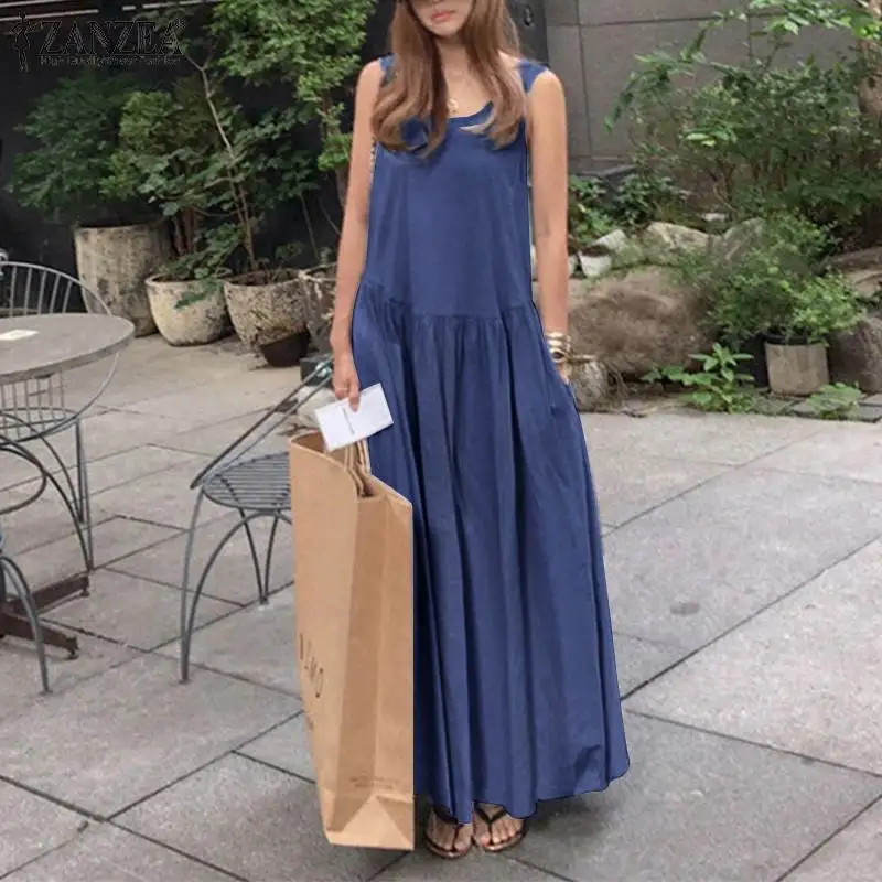 Elegant Denim Blue Dress Women\'s Summer Sundress 2023 ZANZEA Sleeveless Tank Vestidos Female Pleated Beach Robe   7