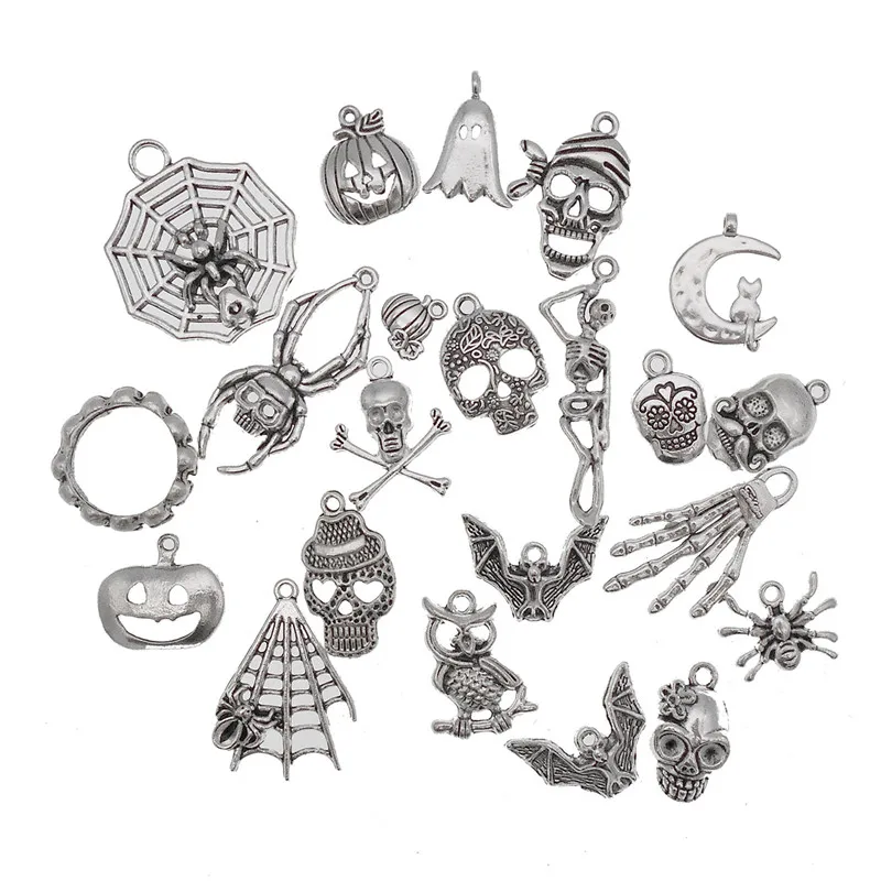 Julie Wang 20PCS Halloween Charms Mix Alloy Ghost Pumpkin Bat Spider Cobweb Cat Skull Skeleton Pendant Jewelry Making Accessory