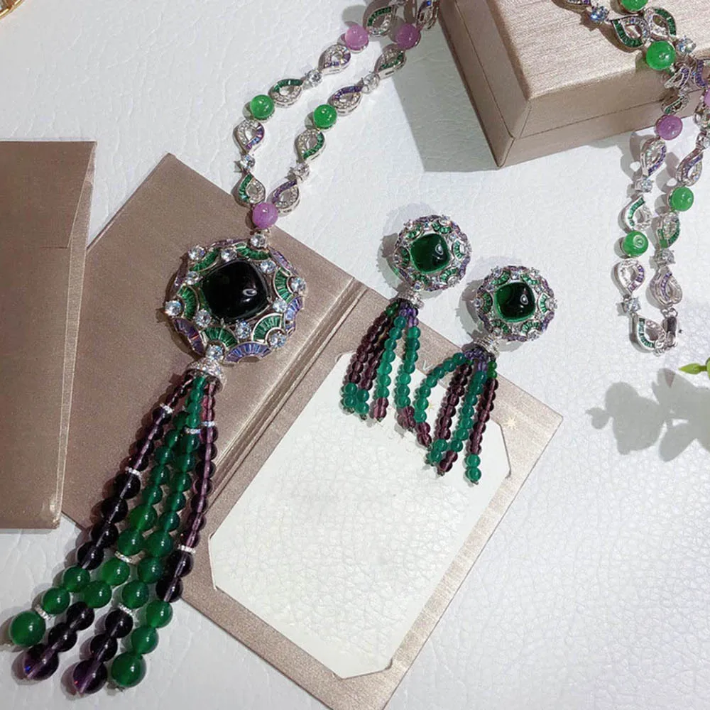 Fashion Gorgeous Luxury Green Violet Tassel Beads Sweater Chain Flower  Women Banquet Wedding Popular Brand Jewelry Star Online