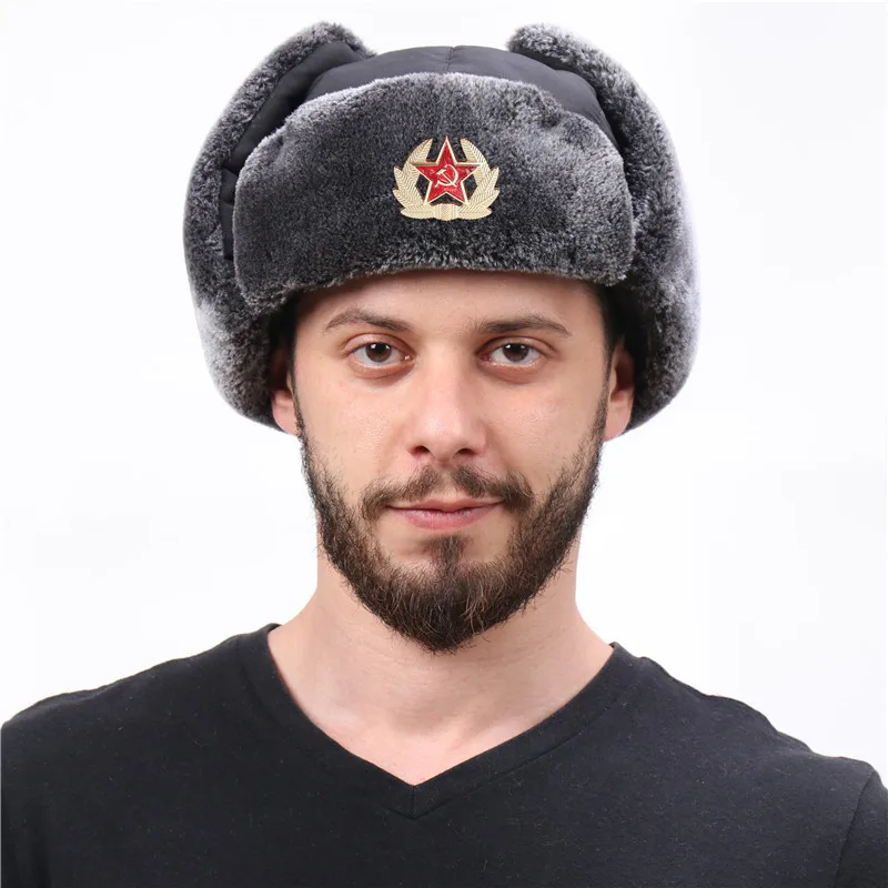 Warm Soviet Badge Lei Feng Hats Men\'s Russian Army Ushanka Bomber Hat Outdoor Plus Velvet Thicken Caps Faux Rabbit Fur Earflap