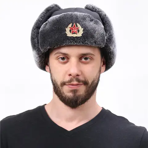 Warm Soviet Badge Lei Feng Hats Men's Russian Army Ushanka Bomber Hat Outdoor Plus Velvet Thicken Caps Windproof Ski Earflap