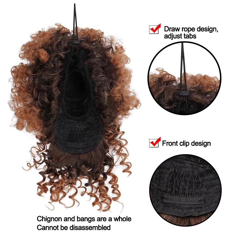 Xuanguang cabelo curto encaracolado estilo africano, franjas para rabo de cavalo, aplique de cabelo sintético, extensões de rabo de cavalo de alta temperatura